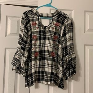 black and white plaid with roses, bell sleeve shirt